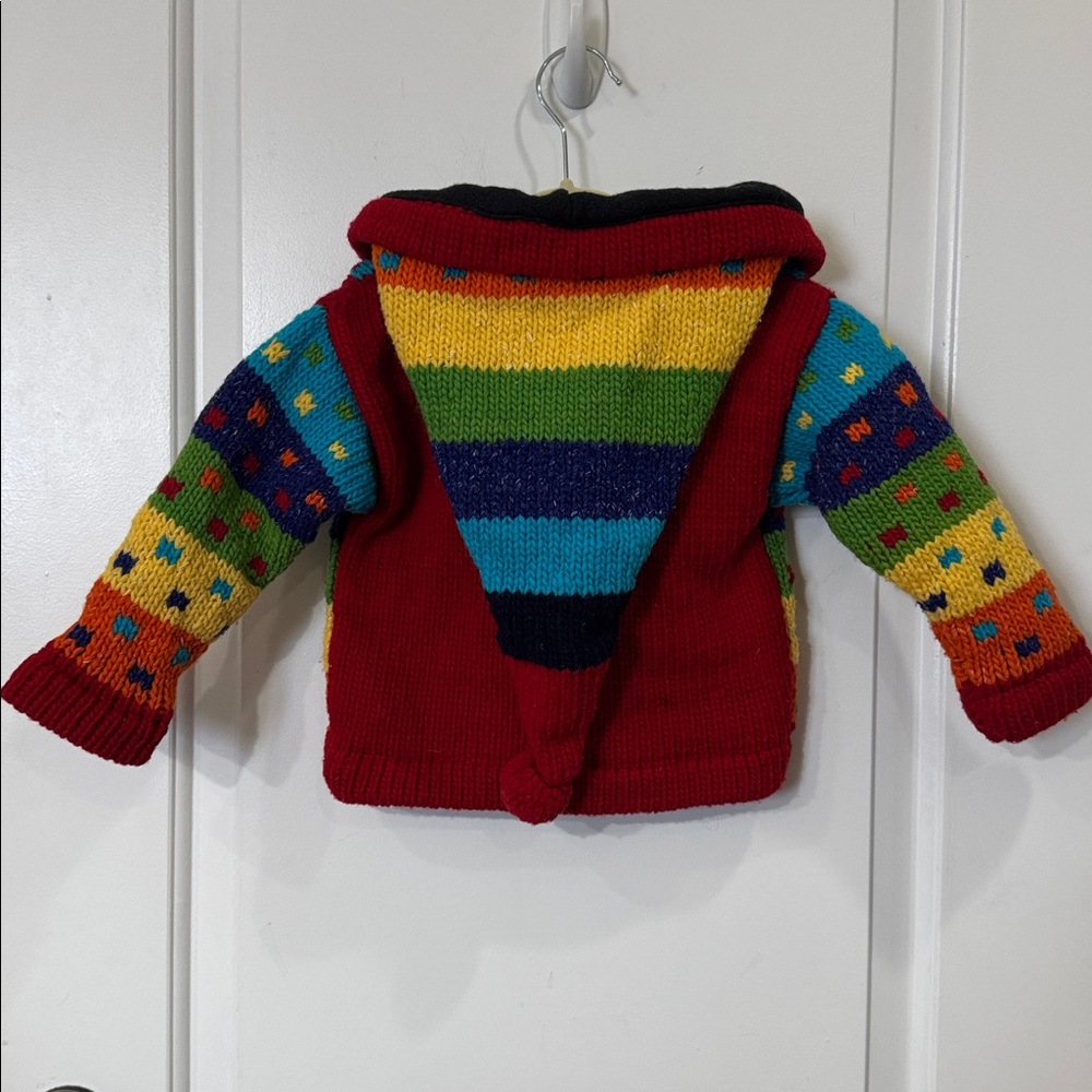 NATIVE KNIT 100% WOOL RAINBOW HOODED FLEECE CARDIGAN 2T-3T - Picture 5 of 8